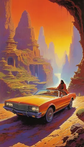 Imagine a comedic situation where Qiqi wakes up in the wrong time period.,pontiac ventura,desert safari,retro car,pontiac tempest,cadillac eldorado,retro automobile,chevrolet impala,futuristic landsca