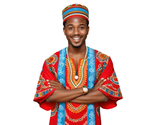 African man, Nigeria, dashiki outfit, agbada hat, beaded necklace, Afro hairstyle, smiling face, bright eyes, standing pose, crossed arms, traditional clothing, cotton fabric, embroidered patterns, wa