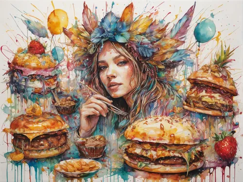 girl with bread-and-butter,food collage,hamburger,gluttony,appetite,burger,fast food junky,hamburger set,hamburgers,burguer,the burger,mcdonald,burgers,woman holding pie,fastfood,big hamburger,cheeseburger,psychedelic art,hunger,boho art,Illustration,Paper based,Paper Based 13