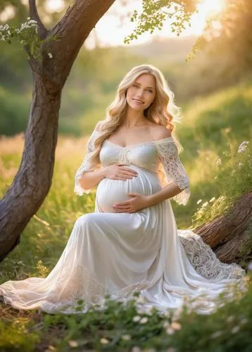 Pregnant Rapunzel, beautiful long golden hair, gentle smile, soft glowing skin, elegant maternity dress, empire waist, flowing silk fabric, subtle flower patterns, delicate lace trim, bare feet, relax