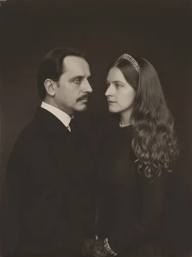 Full-length black and white portrait of Their Majesties King Charles I and Queen Olga of Württemberg.,black and white po of two people wearing formal attire,forsyte,ziegfeld,gustave,chastain,bunuel,vi