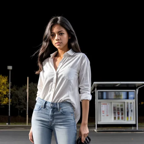 Shooting from a distance.  She is standing at a bus stop.  She waits, looking at the clock.  wearing jeans and a white button-down shirt.  On her feet are black high heels.,white shirt,shriya,jeans ba