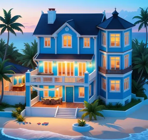 a house on the beach is lit up,houses clipart,beach house,seaside resort,holiday villa,dreamhouse,tropical house,Anime,Anime,General