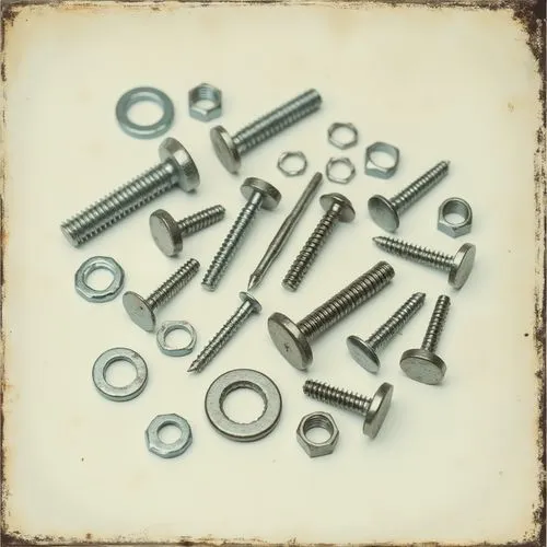 assortment of metallic hardware items such as screws, bolts, nuts, and washers scattered across a white surface, illustrating hardware tools or mechanical parts,a selection of nuts and washers are lay