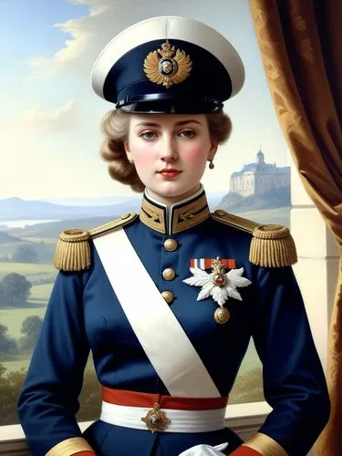 But how does she look like in her dark blue Prussian uniform? Miss Colonel-General Viktoria-Louise von Manteuffel.,a woman wearing uniform standing in front of a painting,napoleon bonaparte,napoleon i