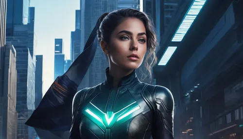 Imagine Perla Haney Jardine as a superhero, fighting crime in a futuristic city filled with advanced technology.,head woman,wonder woman city,captain marvel,superhero background,sprint woman,super her