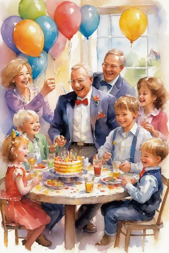 Write a cheerful scene in which Barry Mills celebrates a birthday party with his friends.,children's birthday,happy birthday balloons,birthday template,birthday party,parents with children,fête,grandc