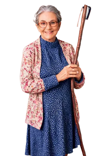 Old lady, granny, aged 70+, wrinkles, grey hair, bun, reading glasses, warm smile, gentle eyes, soft skin, floral pattern dress, long sleeves, pearls necklace, holding walking stick, standing, slightl