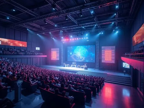 Immersive event space, dynamic stage design, tiered seating arrangement, state-of-the-art audiovisual equipment, suspended LED lights, futuristic podium, interactive exhibition booths, sleek modern fl