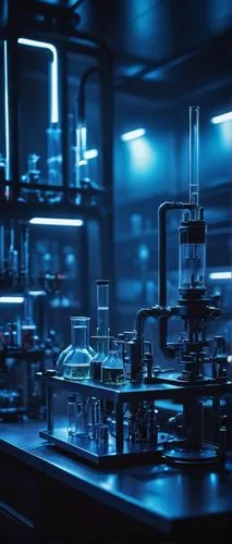 Stable diffusion, futuristic laboratory, sci-fi setting, modern equipment, various beakers, test tubes, microscopes, complex machinery, sleek metal surfaces, neon lights, dark blue tone, misty atmosph