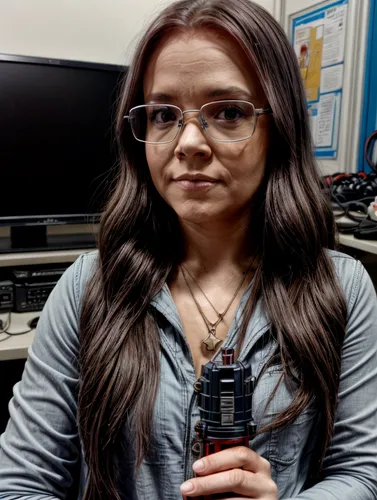 The red lightsaber from the Star Wars trilogy, in the hands of the young Carrie Fischer,directora,secretaria,librarian,reportorial,reporteros,newscast,neuroscientist,with glasses,electrophysiologist,b