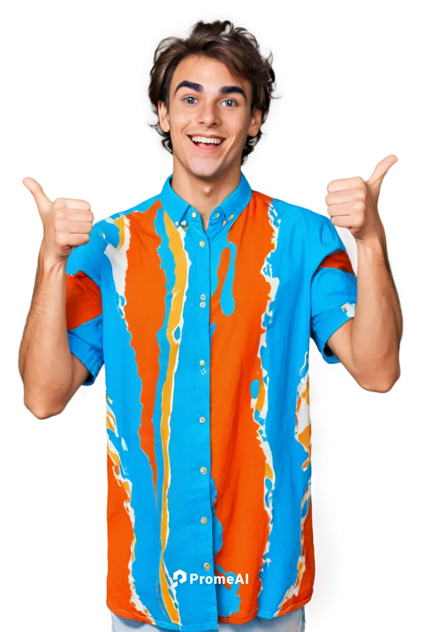 YouTuber, male, young adult, energetic, enthusiastic, funny expression, messy brown hair, thick eyebrows, bright blue shirt, white background, gesturing hands, thumbs up, smiling, close-up shot, shall