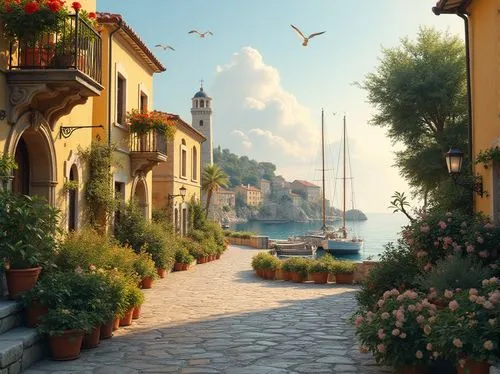 Romantic island, Light Yellow buildings, Romanesque architecture, intricate stone carvings, ornate balconies, soft yellow stucco walls, red terracotta roofs, lush greenery, blooming flowers, winding c