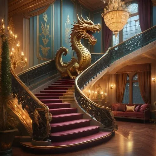 dragon palace hotel,staircase,winding staircase,golden dragon,outside staircase,ornate,ornate room,stairway,staircases,painted dragon,dragon,spiral staircase,dragon bridge,grandeur,dragon design,fantasy picture,emporium,stairwell,stairs,3d fantasy,Conceptual Art,Daily,Daily 25