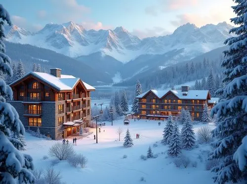 Snow-capped mountains, serene forest surroundings, frozen lakes, ski trails, chairlifts, gondolas, rustic wooden chalets, modern ski center architecture, large windows, glass facades, natural stone wa