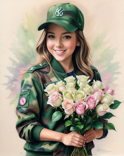 flower painting,girl in flowers,girl scouts of the usa,rosa peace,azaleas,beautiful girl with flowers,flower delivery,flower art,park ranger,vietnam,peace rose,floral greeting,military,rosa,bella rosa,viet nam,girl in a wreath,holding flowers,oil painting on canvas,girl picking flowers,Conceptual Art,Daily,Daily 17