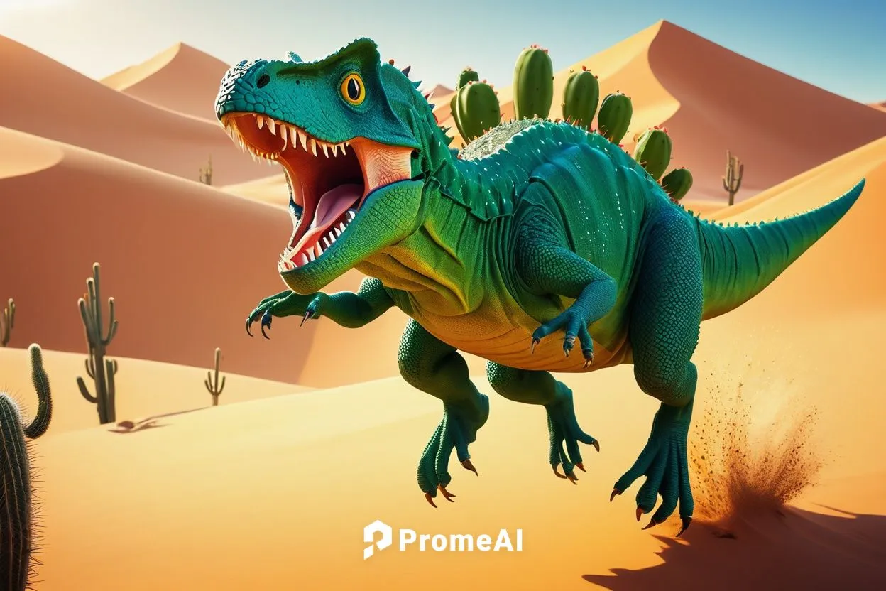 Dino, green scaly skin, sharp teeth, energetic pose, jumping action, mid-air suspension, dynamic motion blur, sunny desert background, sandy dunes, multiple cacti obstacles, low-angle shot, vibrant co