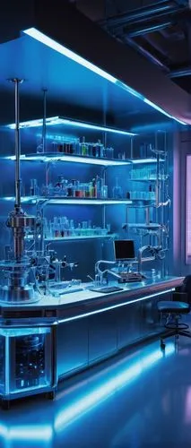 Futuristic laboratory, Brecon company, sci-fi design cell architecture, sleek metallic surfaces, neon blue lights, complex pipework, high-tech equipment, glass containers, futuristic microscopes, robo