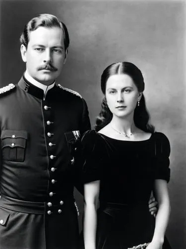 Full-length black and white portrait of Their Majesties King Karl I and Queen Olga of Württemberg.,this vintage pograph shows a military couple posing,romanovs,koevermans,kaiser,schuermann,hungarians,