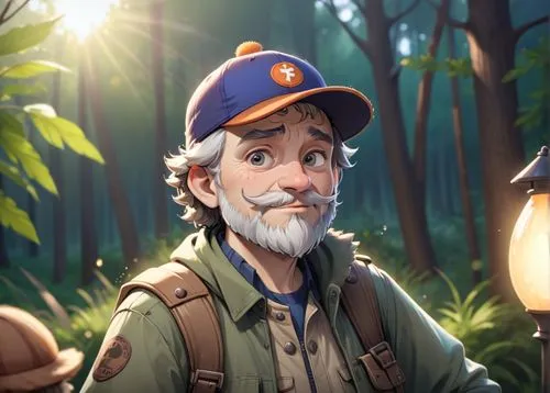 A 50 year old man, he is a forester, he is wearing an orange cap with a logo on it, his beard is greay and chesnuts colored, he is wearing forester clothes green and brown colored, he has a few rickle