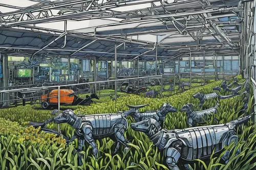 greenhouse,greenhouse cover,crop plant,fodder plants,leek greenhouse,greenhouse effect,farming,lawn mower robot,agriculture,agricultural machine,juice plant,automation,vegetable field,farm yard,organic farm,sci fiction illustration,futuristic landscape,hahnenfu greenhouse,agricultural,cereal cultivation,Illustration,Black and White,Black and White 15