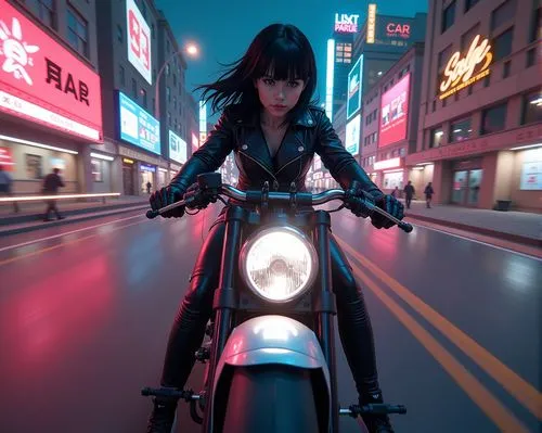 speeding blur background, Betty Boop as black widow, feet back on motocycle, a ultra detailed beautiful, perfect, a girl with black loose hair on a sport bike rides through the night city, she is wear