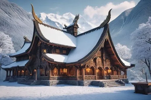 rendalen,stave church,northrend,icewind,neverwinter,arenanet,bluhdorn,oberland,winter house,white temple,winter village,skyrim,riftwar,narnian,dawnstar,snow house,winterplace,galvanise,mountain settlement,syberia,Illustration,Japanese style,Japanese Style 04