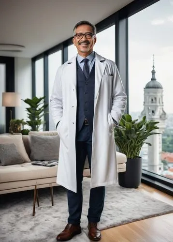 Dr Homey, male, middle-aged, bespectacled, short hair, casual wear, white coat, stethoscope around neck, warm smile, standing, modern interior, luxurious living room, large windows, city view, afterno