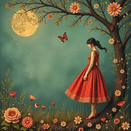 girl with tree,little girl fairy,blue moon rose,girl in flowers,dreamtime,faerie,Illustration,Retro,Retro 16