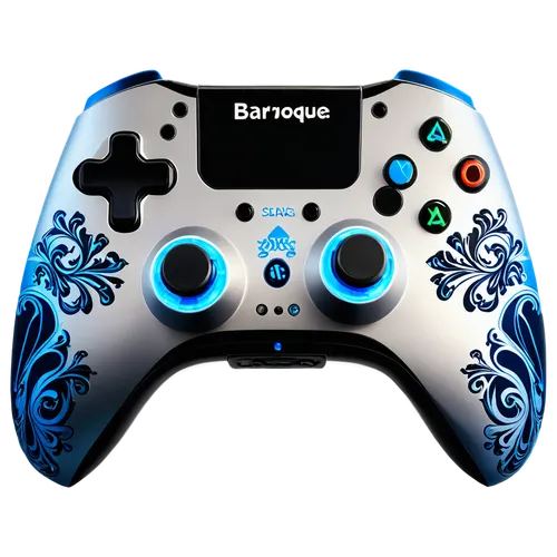 Controller silhouette, gaming theme, futuristic design, sleek lines, metallic material, black and silver color scheme, glowing blue accents, ergonomic grip, dual analog sticks, directional pad, button