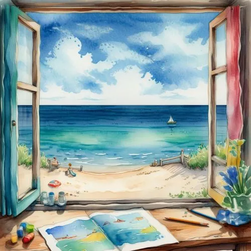 window with sea view,ocean view,ocean background,beach scenery,seaside view,watercolor background,watercolor frame,beach landscape,summer day,beach view,sea landscape,sea ocean,dream beach,beach background,watercolour frame,sea view,blue sea,watercolor blue,sea-shore,ocean,Illustration,Paper based,Paper Based 25