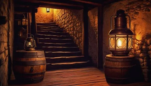 wine barrel,cellar,wine barrels,brandy shop,wooden stairs,speakeasy,wooden barrel,outside staircase,inglenook,stairway,hallway,distillery,staircase,winery,wine tavern,illuminated lantern,distilleries,ardbeg,tavern,the threshold of the house,Art,Classical Oil Painting,Classical Oil Painting 27