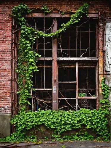 Abandoned, industrial,Tacoma waterfront, old, worn, rusty, metal beams, distressed brick walls, shattered windows, overgrown with vines, ivy crawling up the facade, faded signage, peeling paint, woode