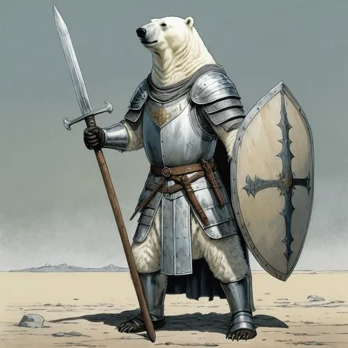 Polar Bear in a knight Costume, in the crusades, 1099,  Alan lee style, Lord of the Rings, halberd, spear, poleaxe, ,nordic bear,bear guardian,armored animal,bearlike,hereward,whitebear,vikingskipet,i