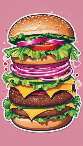 The image is an illustration of a burger. The burger is in the center of the image and is made up of a large bun with a pink patty on top. The bun is filled with lettuce, tomato, cheese, and other top