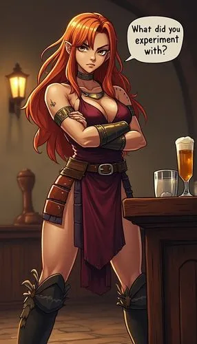 Draw in anime style: A muscular, hazel-eyed, amber-haired, bronze-tan female Amazon, with a big scar on her right leg, wearing bronze bracelets, sleeveless burgundy leather armor, black leather boots,