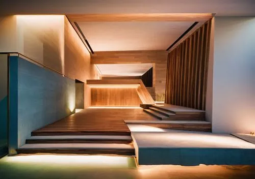 glass woodpanelling office black steel windows tiles  light sunlight blue night view Spotlights warm wooden floor
,stairs leading up into an elegant entry way,corten steel,associati,adjaye,hallway spa