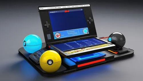 Pokédex, digital encyclopedia, high-tech gadget, sleek metal body, glowing blue screen, detailed Pokémon data, 3D model display, rotating view, animated Poké Balls, information interface, futuristic d