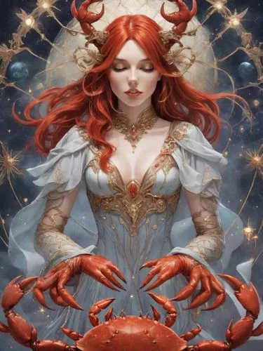 a beautiful red haired woman wearing an outfit with claws on her hands,the zodiac sign pisces,the sea maid,melusine,sirene,zodiac sign libra,horoscope pisces