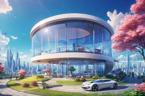 futuristic architecture,futuristic landscape,sky apartment,sky space concept,futuristic art museum,skylon,electrohome,futuristic car,aircell,futuristic,dreamhouse,skycar,skycycle,solar cell base,cube house,luxury property,arcology,cubic house,car showroom,ecotopia,Illustration,Japanese style,Japanese Style 03