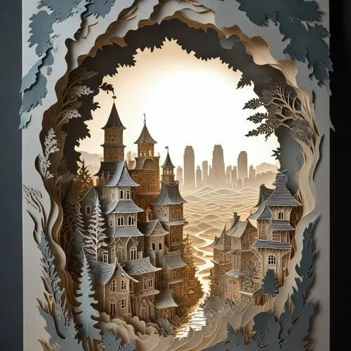 the artwork is framed in a dark colored frame,gondolin,book wallpaper,paper art,tirith,fablehaven,riftwar