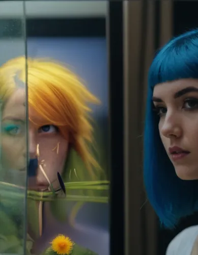 transistor,dialogue window,valerian,doll looking in mirror,looking glass,yellow and blue,nerve,dialogue windows,self-reflection,digital compositing,passengers,in the mirror,mirrors,shopwindow,mirror i