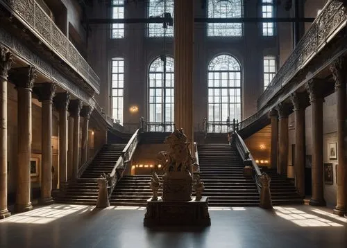 Whitney Museum, grand Beaux-Arts building, majestic columns, intricately carved stone facade, grand staircase, ornate ironwork, polished marble floors, high ceilings, natural light pouring in through 