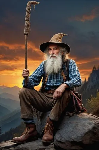 Wizard, hillbilly, old man, long white beard, messy hair, worn-out hat, wooden staff, leather boots, rugged pants, checked shirt, suspenders, sitting on a rock, mountainous background, misty atmospher