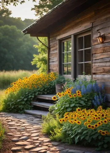 summer cottage,yellow daisies,cottage garden,country cottage,yellow garden,yellow daylilies,black-eyed susanne,home landscape,homesteading,sun daisies,rudbeckia,the garden marigold,sunflower field,sunflowers,sun flowers,beautiful garden flowers,country house,daylilies,homesteader,flower bed,Art,Artistic Painting,Artistic Painting 36