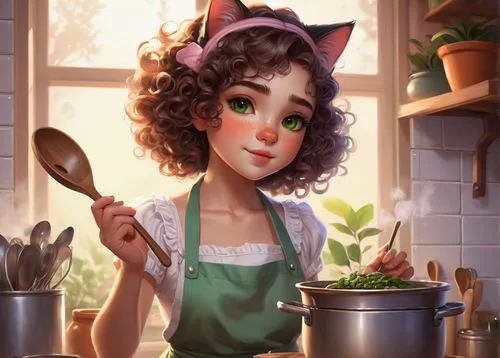 girl in the kitchen,heatherley,cooking book cover,nepeta,cucina,maeve,food and cooking,foodmaker,culinary herbs,chihiro,foodgoddess,cocina,chef,cooking vegetables,cookery,annie,kitchenettes,star kitchen,waitress,ratatouille,Conceptual Art,Fantasy,Fantasy 17