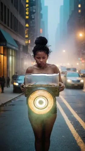 The skyline of new york city comes alive as a symphony of colors glows above the buildings. The streets below are shrouded in a thick fog, as if the city itself is alive with the glow of a glowing orb