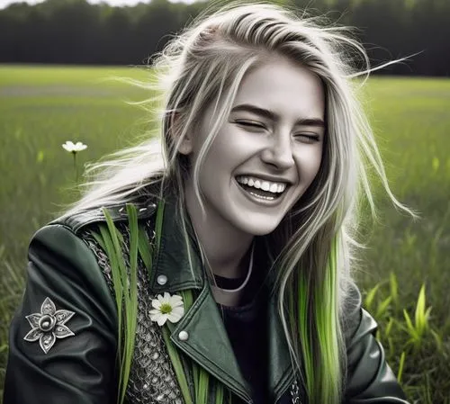 Blonde young woman laughing, few slim green front hair streaks, white flower with green leaves on top, wearing chain mail and Dark green leather jacket on top. Intense light focus on her. Uniform vivi