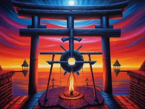 oriental lantern,imagawa,japanese lantern,japanese lamp,jigoku,yamatai,japanese shrine,senbon torii,cauldron,ships wheel,fireship,pillar of fire,red lantern,samuil,torii,the eternal flame,qabalah,palanquin,homam,burning torch,Illustration,Realistic Fantasy,Realistic Fantasy 25