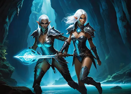 dark elf,guards of the canyon,massively multiplayer online role-playing game,elves,duo,fantasy picture,heroic fantasy,sci fiction illustration,blue enchantress,tiber riven,fantasy art,merfolk,gemini,predators,protectors,underworld,game illustration,hym duo,mirror of souls,sorceress,Conceptual Art,Sci-Fi,Sci-Fi 19